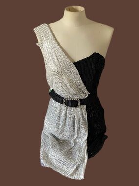 One-Shoulder Black & Silver Sequin Mini Dress with Buckle Belt